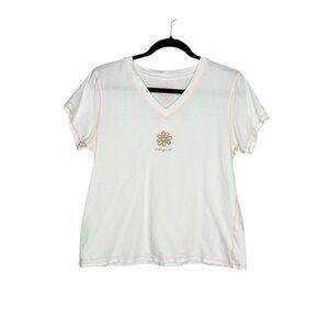 Life Is Good Daisy Flower V-Neck Contrast Stitched Tee size Medium